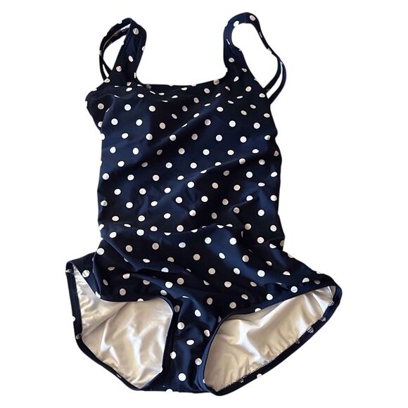 Lands' End Womens UPF 50+ Navy Blue Polka Dot One Piece Swimsuit Large (14/16) - Picture 3 of 10